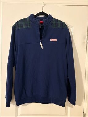 Vineyard Vines Navy Quarter-Zip with Green Plaid Shoulders